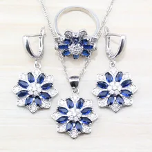 Западный 925 пробы Серебряный набор украшений для женщин цветок синий циркон серьги/кулон/ожерелье цепь/кольцо TZ113