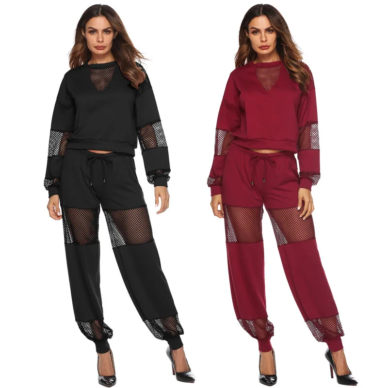 

Women's Autumn and Winter Fashion Long-sleeved Round Neck Sexy Hollow Mesh Two-piece Women's Casual Sports Comfort Suit 0431