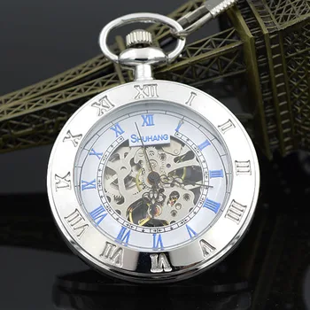 

Open Face Double Roman Number Silver Tone Skeleton Steampunk Hand Wind Mens Mechanical Pocket Watch W/Chain