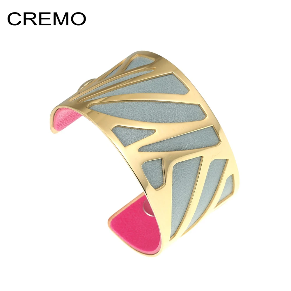 

Cremo Ribbon Arm Bangles For Women Gold Stainless Steel Bracelet Reversible Leather Belt Jewelry Personality Bijoux