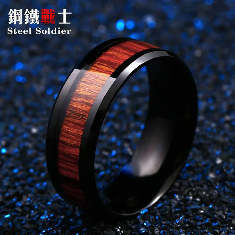 

Steel soldier black ring with dark red wood inlay inside ring men unique fashion engagement jewelry