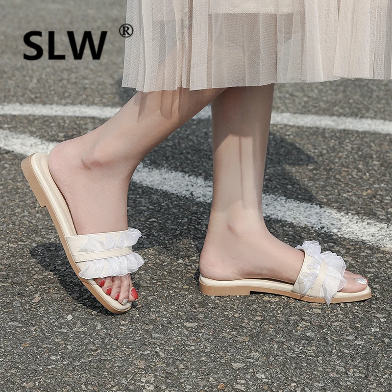 

Socofy Shoes Women Beach Slippers Slides Cross-tied Low Soft Sliders Luxury 2019 Summer Flat Rubber Fashion PU