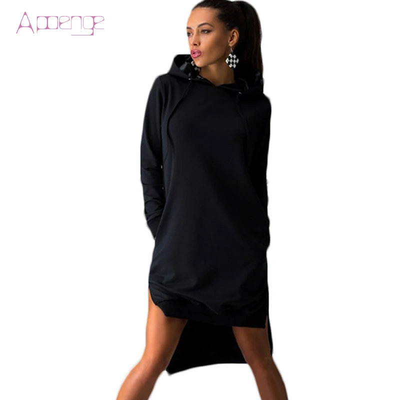 APOENGE 2019 Women Autumn Sweatershirt Dress Long Sleeve Causal Dresses Female Irregular Hooded Pullover Hoodies Vestido LZ573 | Женская