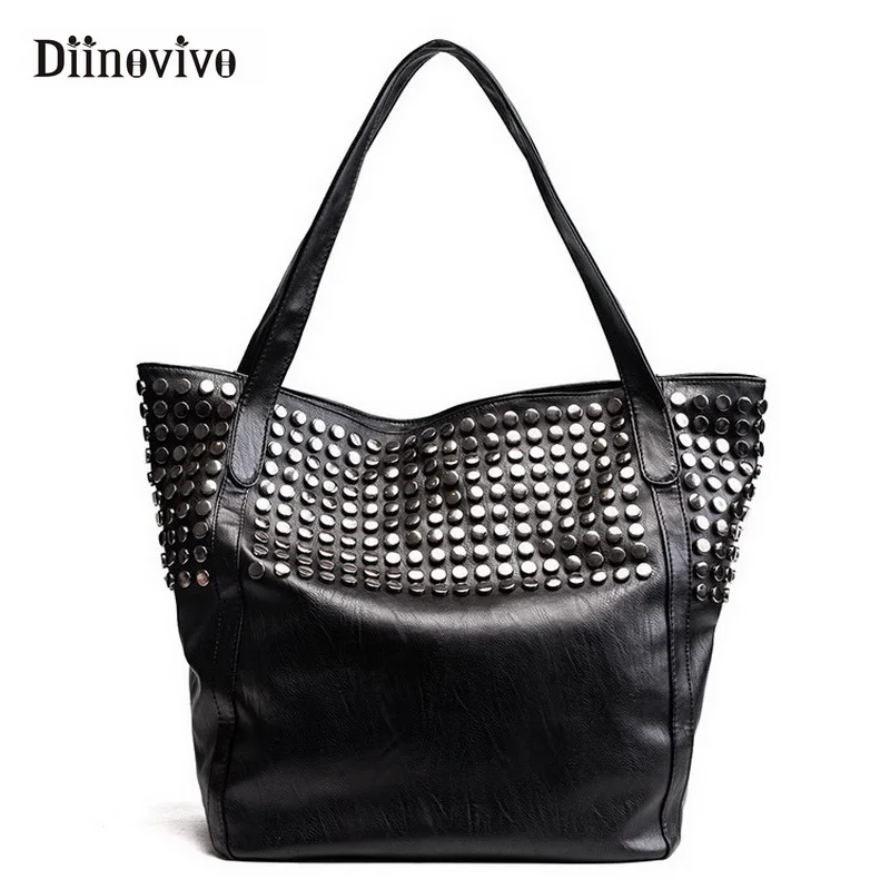 

DIINOVIVO 2018 New Rivet Leather Large Capacity Women Handbags Famous Brands Ladies Big Tote Bag Punk Shoulder Bags WHDV0976