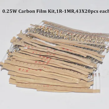 

860pcs Resistor Kit 0.25W Watt 43values X 20pcs Resistencias Resistor Pack Carbon Film Resistance 1-1MOhm OHMs 1/4W Carbon Film