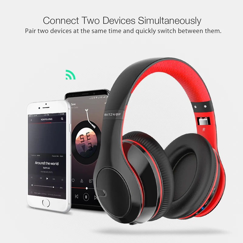 BlitzWolf Wireless bluetooth Headphones Adjustable Foldable Stereo Over Ear Headphone Headset with Mic For PC Phone MP3