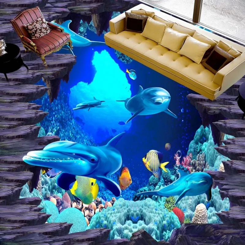 

Free shipping custom black brick sea world shopping mall park self-adhesive PVC floor wallpaper mural