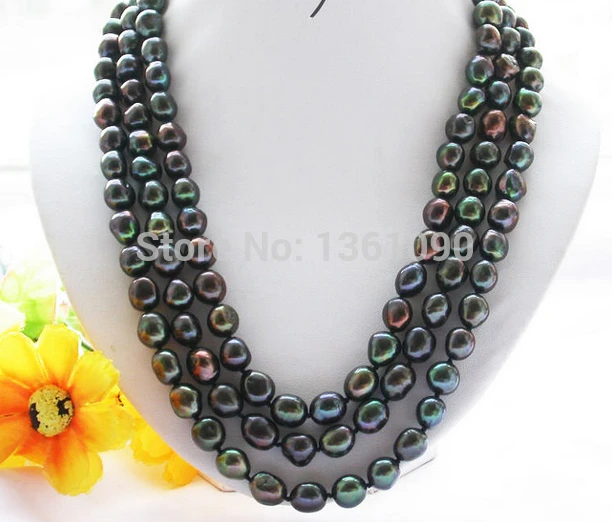 

00670 3row black baroque freshwater pearl necklace opal flower NEW