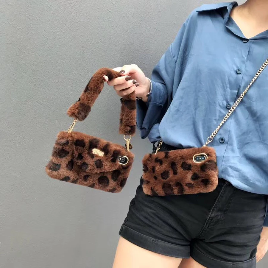 

For iphone XS MAX XR X case cover warm leopard wallet card with fur strap soft silicone phone bag case for iphone 6 6s 7 8 plus