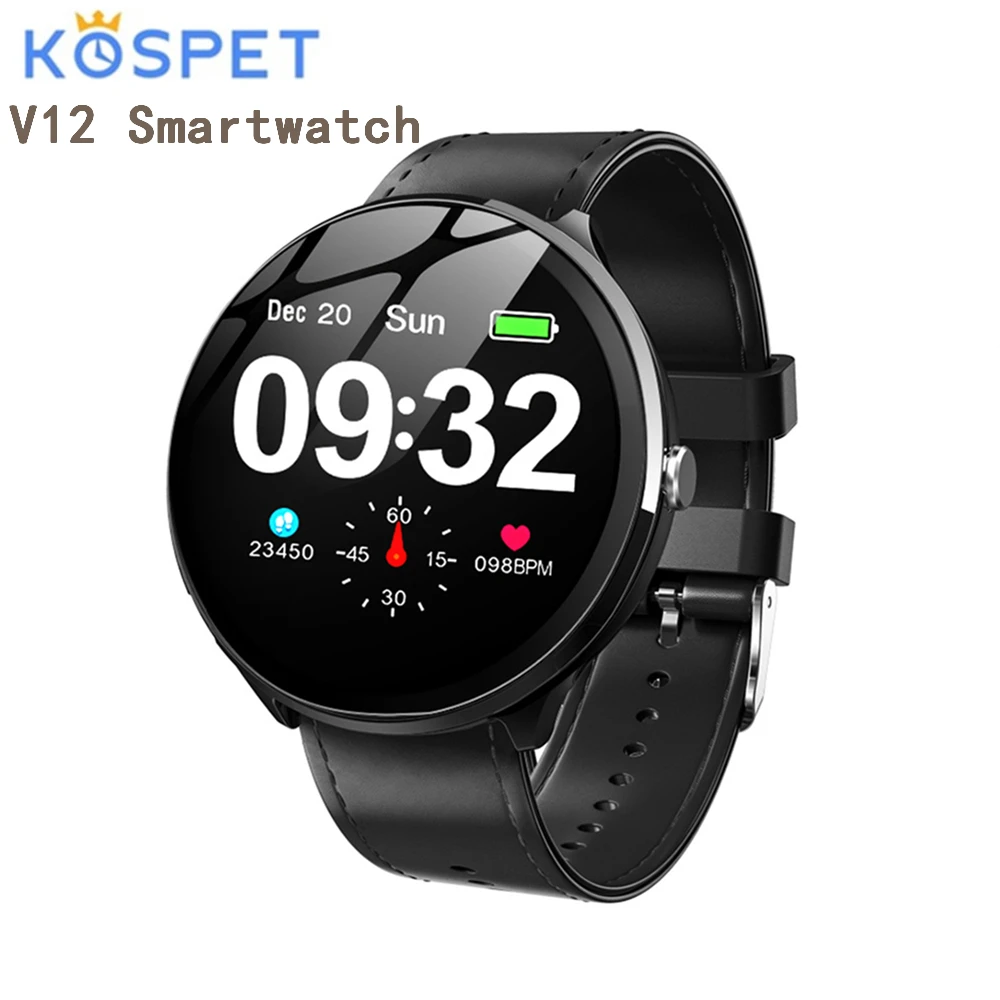 

Kospet V12 Leather Smart Watch Tempered Glass Bluetooth Heart Rate Blood Oxygen Monitoring Sports Smartwatch for Android iOS