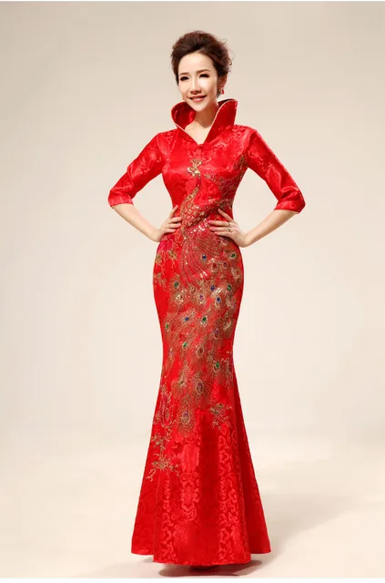 Free Shipping Stand Collar Formal Dress Chinese Knot Red Phoenix Free Shipping Stand Collar Formal Dress Chinese Knot Red Phoenix Embroidery Wedding Dinner Cheongsam