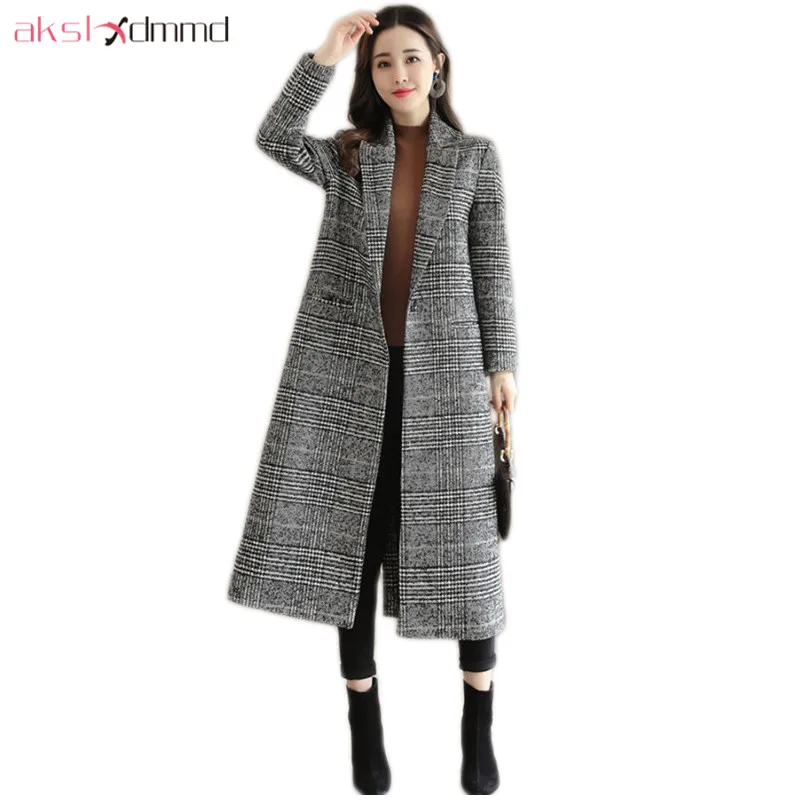 AKSLXDMMD модное длинное шерстяное пальто новая зимняя повседневная Клетчатая Шерстяная Куртка Женское пальто Abrigos Mujer LH1312