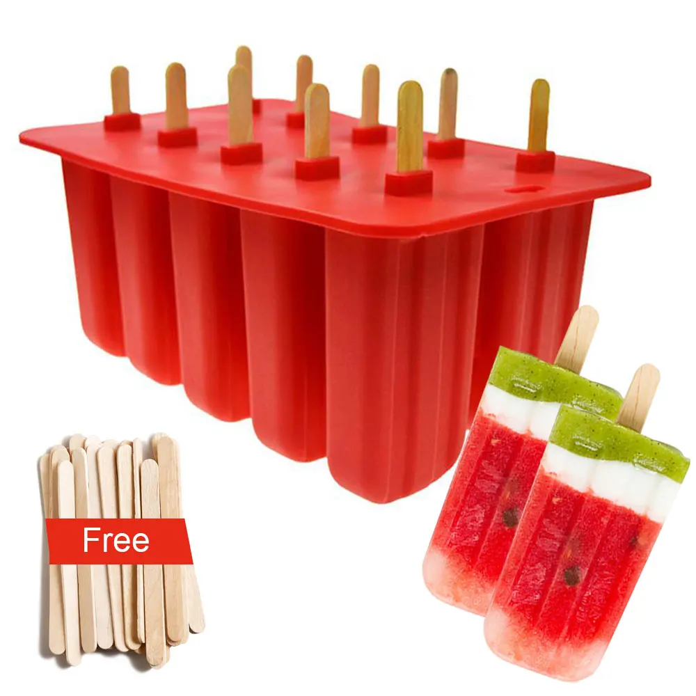 10 Komórki Dzieciństwa Silikonowe Lody Lolly Pop Popsicle Formy Wielokrotnego Użytku Mrożone Kostki Z Pokrywą Tacy Mold Pan Narzędzia Kuchenne