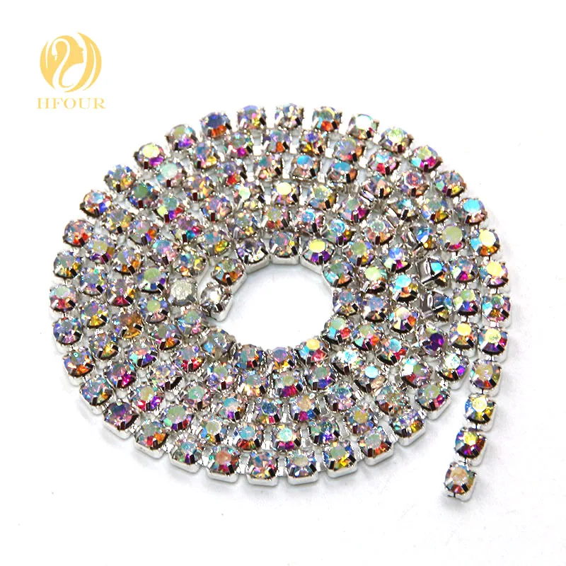 

New arrival 5yard/pack High quality Sliver base AB Color glass crystal Rhinestones Cup Chain DIY Wedding decoration Accessories