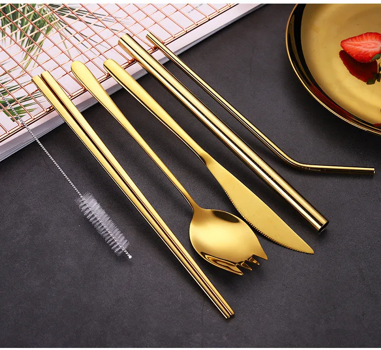 

Gold Cutlery Set Fork Knife Spoon Set with Eco-friendly Straw Tableware Set Portable Stainless Steel Cutlery for Travel Camping
