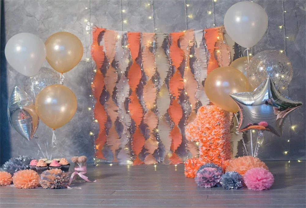

Laeacco Happy Baby 1 Birthday Party Balloon Ribbon Bulb Cake Flower Portrait Photographic Background Photo Backdrop Photo Studio