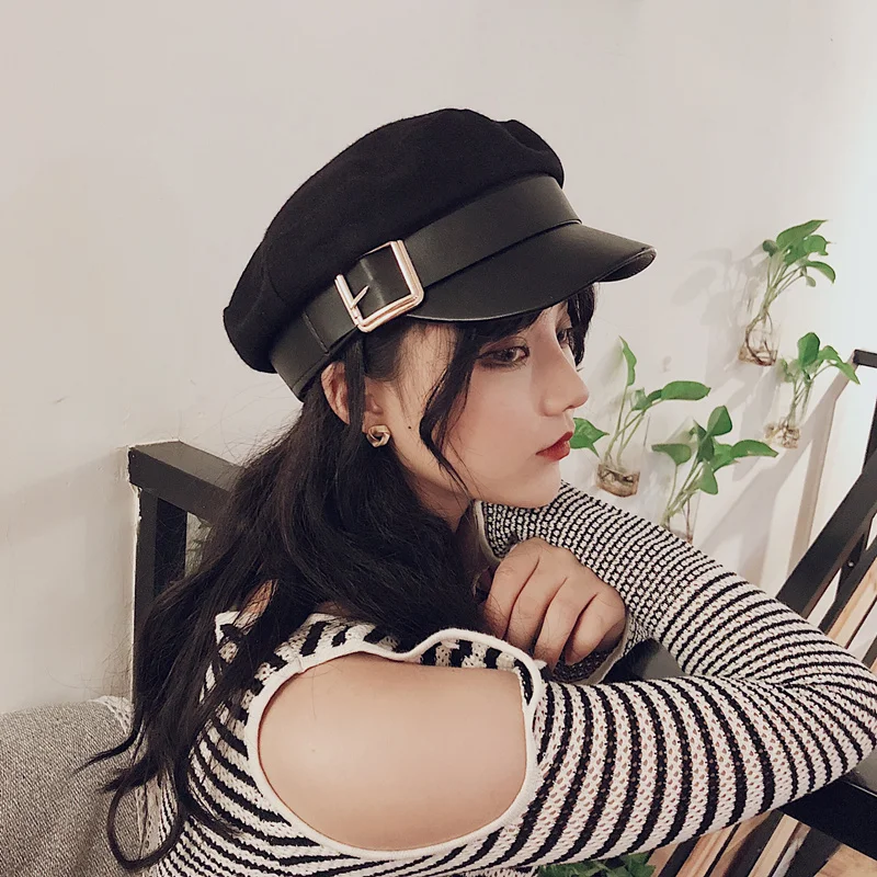

2019 Newsboy Caps For Women Fashion PU Metal buckle Military Hat Gorras Planas Snapback Caps Female Casquette Octagonal Cap