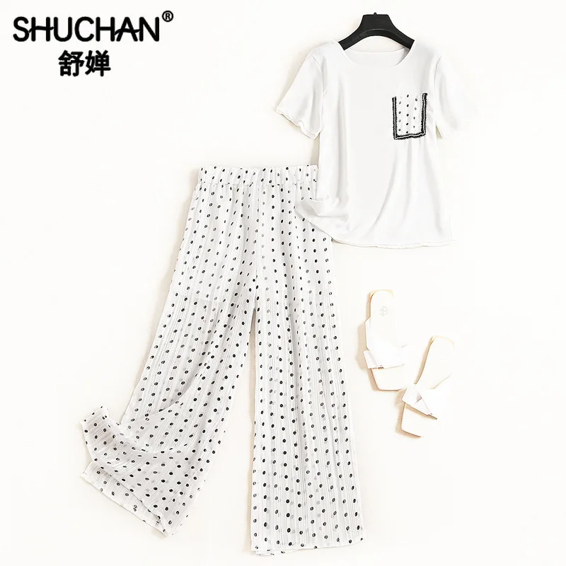 

Shuchan Two Piece Set Top and Pants 2019 Summer Suit Female Office Lady Elastic Waist Ankle-Length Women Sets Clothes 51797