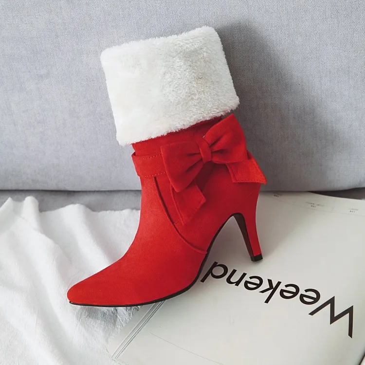 

US4-12 Womens Pointed Toe Bowknot Mid Calf Ankle Boots Snow Winter Thick Christmas Red Shoes Stilettos High Heel 3Colors Plus Sz