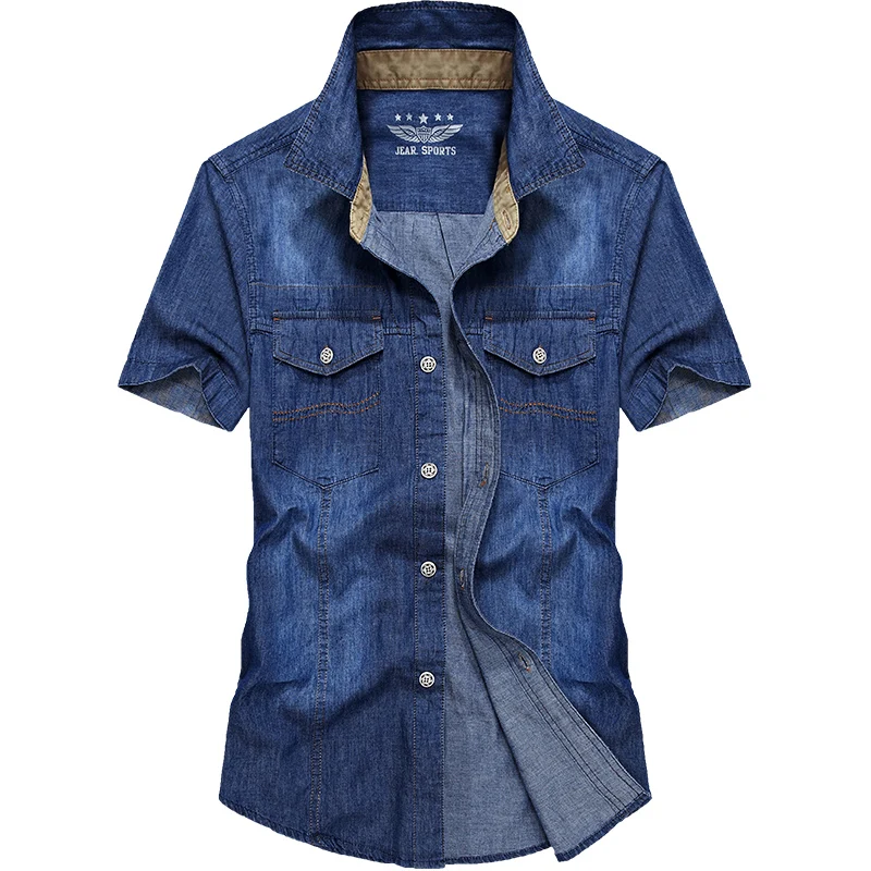 

Men Casual Shirts 100% Cotton Short Sleeve Denim shirt 2019 New Fashion Solid Male Summer Collar Shirt Size 3XL