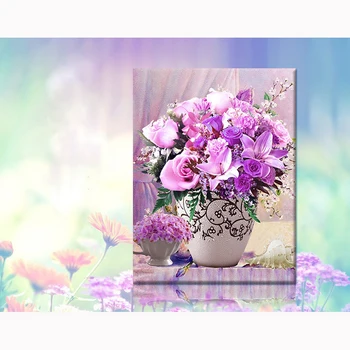 

purple flowrs vase 5d Picture Of Diamond Mosaic Cross Stitch cube Diamond Sets Unfinish Decorative Diamond Embroidery floral