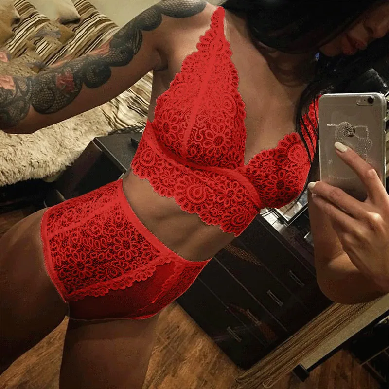 New Hot Lace Sexy Lingerie Sets Women Deep V-neck Push Up Lingerie Vintage Solid Color Bra Set For Women Underwear Set Lenceria