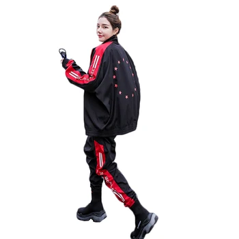 

BF Sports Suit Female Color Matching Zipper Jacket Beam Pants Sweatshirt Set Two-piece 2019Spring Big Size casual Tracksuit Set