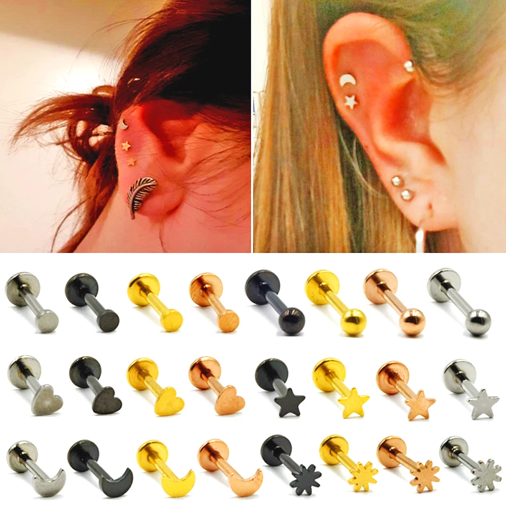 

BOG-1PC 316L Surgical Steel Heart Ball Moon Labrets Stud Ring Ear Tragus Cartilage Ball Lip Ring Earrings Body Piercing Jewelry