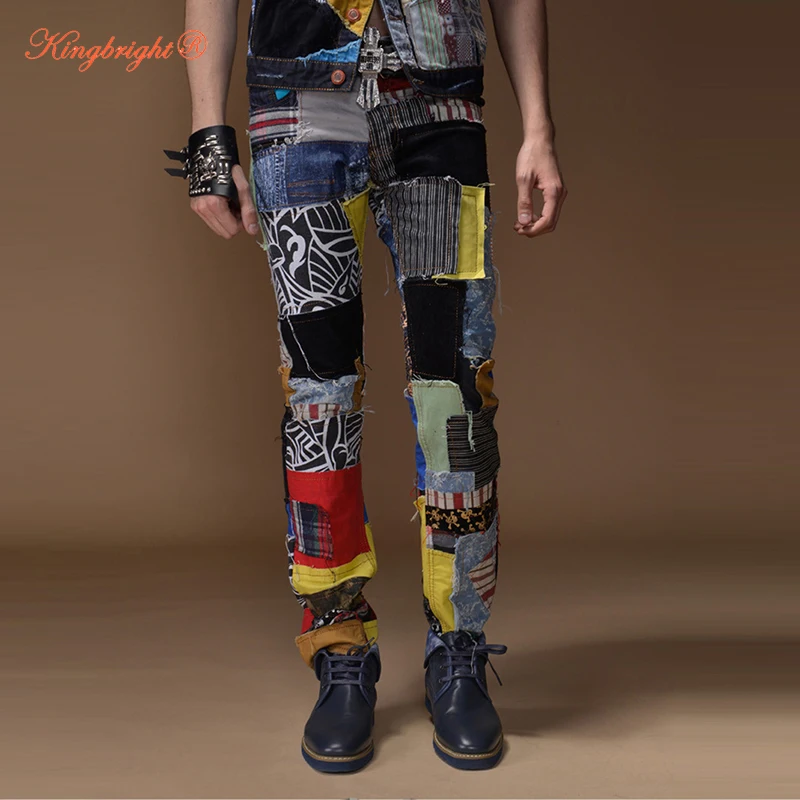 

Men Colorful Cloth Stitching Punk Jeans Zippered Pockets Mens Biker Casual Straight Fit Full Length Motorcycle Pants