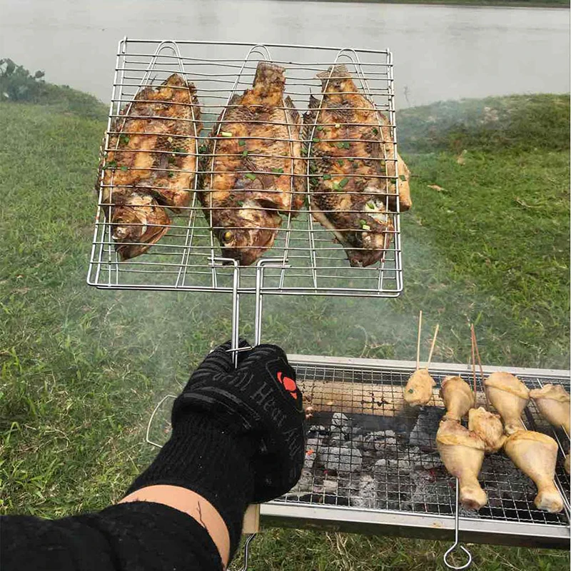 Non-stick Triple Fish Grilling Basket w Wood Handle Barbecue Tool Fish Grill Net Outdoor BBQ Grilling Fish Rack BBQ Accessories (9)