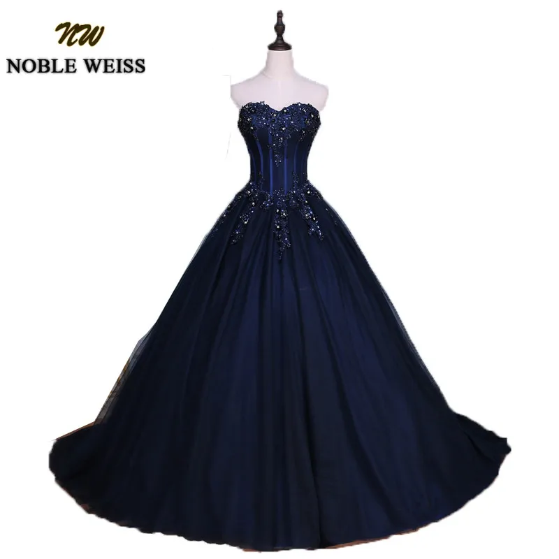 

NOBLE WEISS Navy Blue Quinceanera Dresses 2019 Ball Gown Sweetheart Strapless Vestidos de 15 anos Applique Lace Sweet 16 Dresses