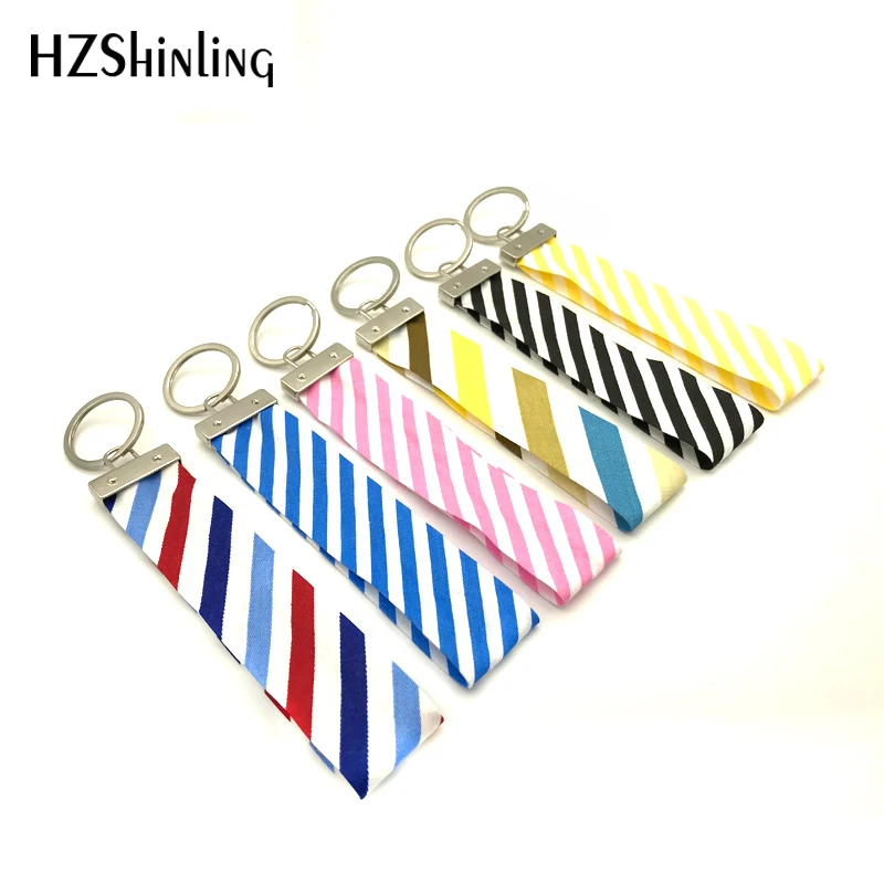 

Ribbon New Sassy Stripe Wristlet Key Fob Blue White Line Keyring Fabric Key Holder Wristband Fashion Keychain Gifts Men Women