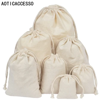 

50pcs Pure Cotton Muslin Drawstring Bags Wedding Party Favors Holder Jewelry Packaging Gift Bag Customized logo Wholesale