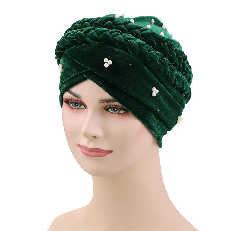 velvet beads head hijab caps turban indian hair bands for women muslim headbands headscarf hats braid Bandanas girls - Цвет: green