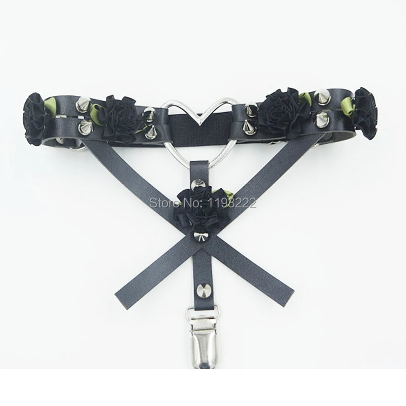 Cute Fashion Designed Leather Thigh Harness, Cross Flower Floral Leg Garter Punk Rock Big Heart Spikes Garter Belt Ring
