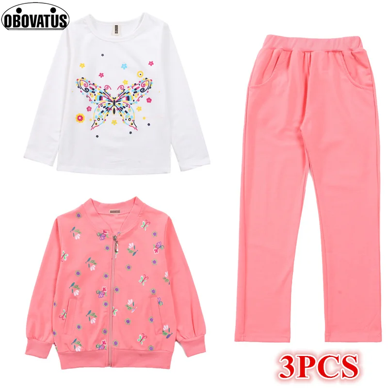 

2019 Girls Cotton 3pcs Children Clothing Set Teenage Girls Clothes Set Butterfly Print Casaul Coat+Pants+Tshirt Sports Suit Set