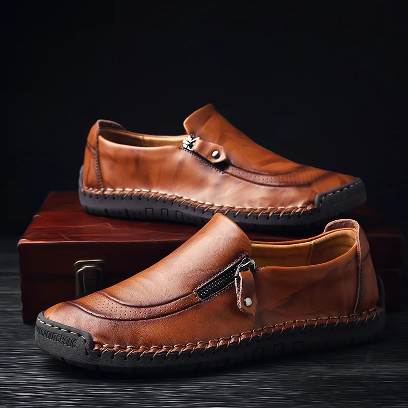 

2019 Spring Leather casual Shoes Men quality handmade Loafers vintage moccasins slip on Rubber flats Zip opening hombre