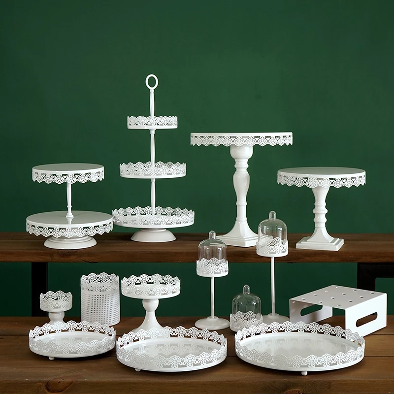 

White dessert tray Wrought iron cake stand wedding props European dessert table ornaments lace cake plate