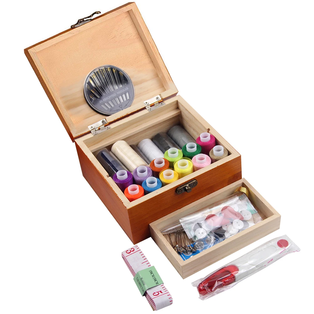Retro Wooden Sewing Box Sewing Kit with Sewing Accessories for Camping