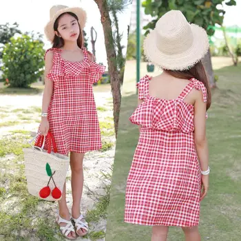 

2019 Korean style girls plaid dress ruffles fashion summer cotton girls dresses 3-8t B656