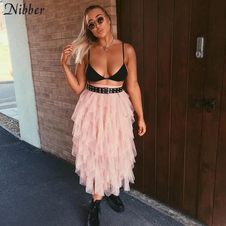 

Nibber summer fashion Solid midi cupcake skirts womens 2019 summer party night cute loose Pleated long skirts ladies pink skirts