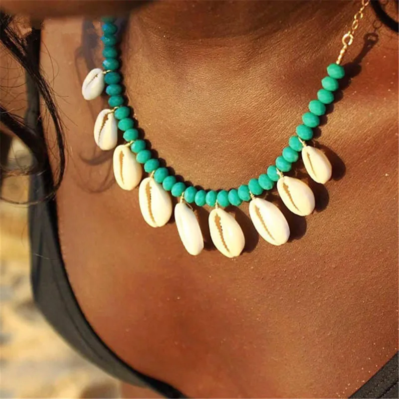 

Boho Seashell Choker Necklace for Women Shell Kolye Collar Conchas Green Red Blue Nature Stone Gold Chain Necklace 2019 Jewelry
