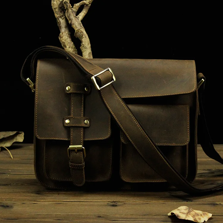 

NEWEEKEND LD Genuine Leather Crazy Horse Crossbody Shoulder Messenger Phone Pocket iPad Bag for Man