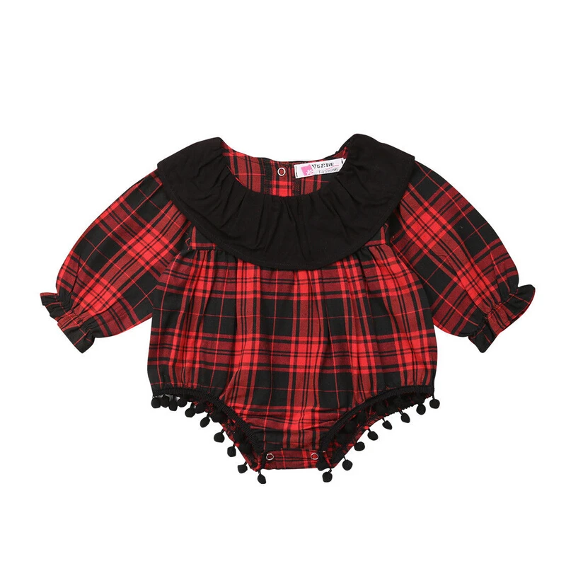 Рождество для новорожденных девочек красный Проверяет боди Playsuit оборками шеи боди с длинным рукавом комплект одежды