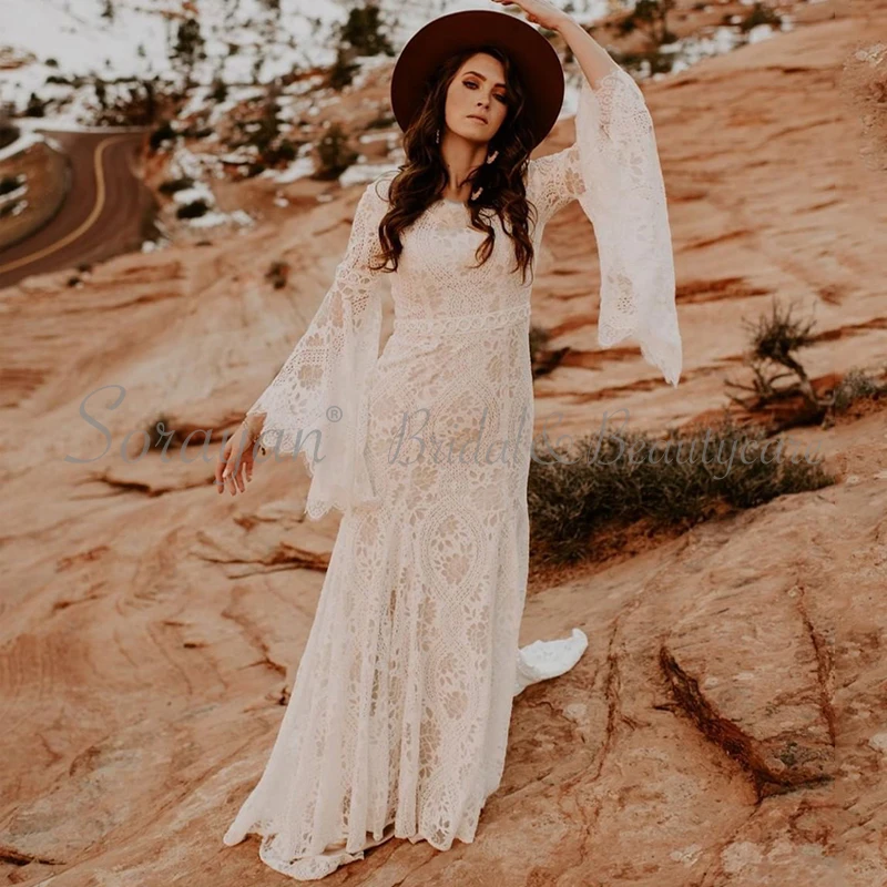 

2019 O-Neck Boho Elegant Lace Bohemian Casual Wedding Dresses Long Puffy Sleeves Romantic Appliques Beach Bridal Gowns AX171