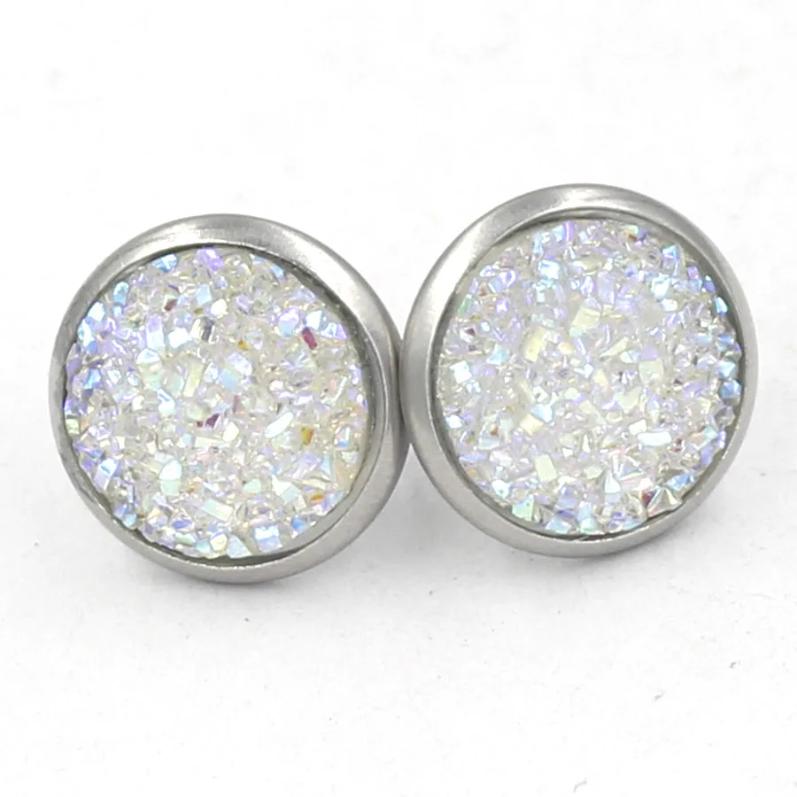 

12 Colors Mini Iridescent Glitter Druzy Drusy Stud Earrings 12MM Stainless Steel