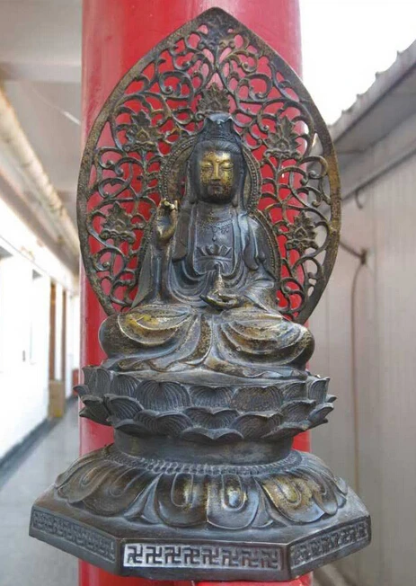 

wholesale factory 14" China bronze gild Buddism godness Guanyin bottle on ryondae Statue