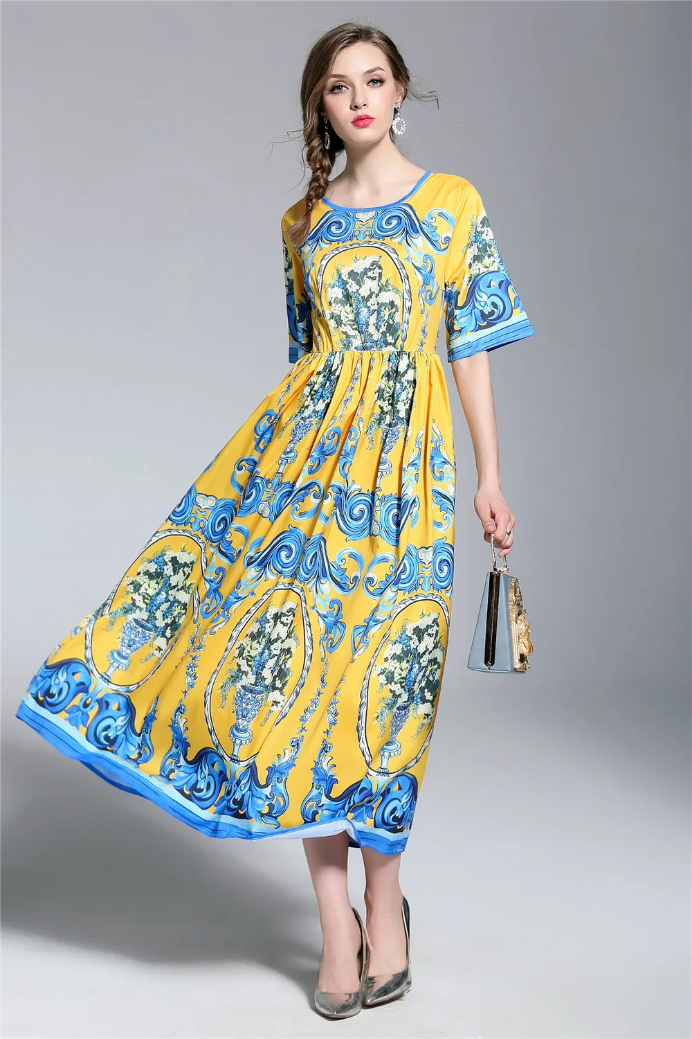Дизайнерские платья взлетно-посадочной полосы 2018 высокое качество Для женщин модное летнее платье Винтаж печатных роскошные длинные