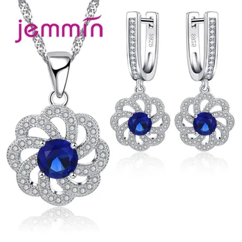 

Gorgeous Sapphire Flower Necklace Earrings for Women Christmas Gift Fine 925 Sterling Silver Jewelry Sets Hollow Design