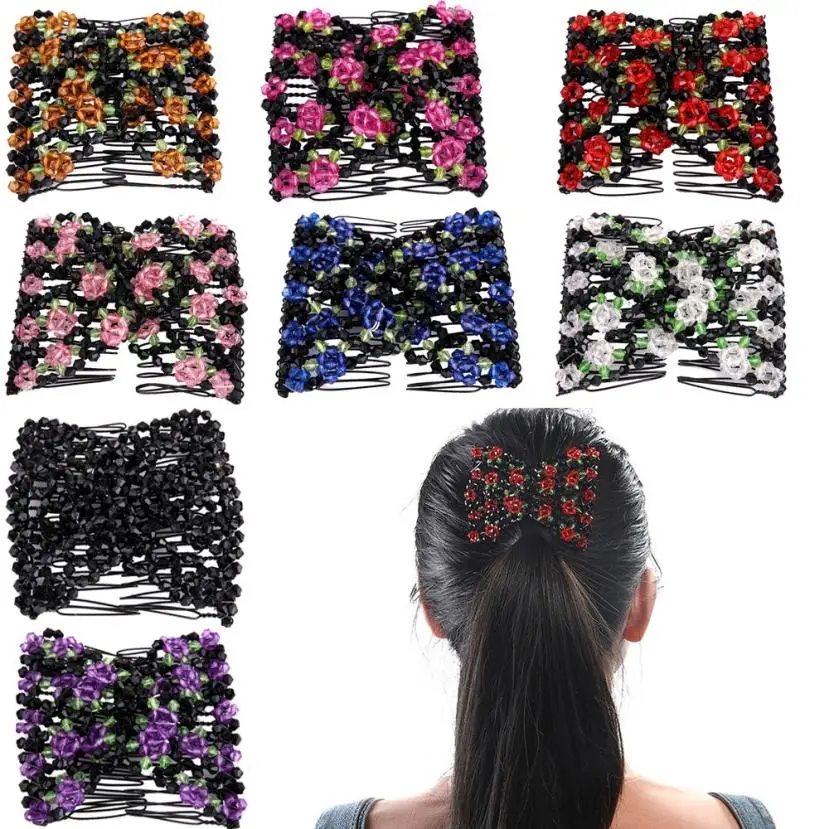 Fashion Ladies Magic Beads Elasticity Double Hair Comb Clamp Stretchy